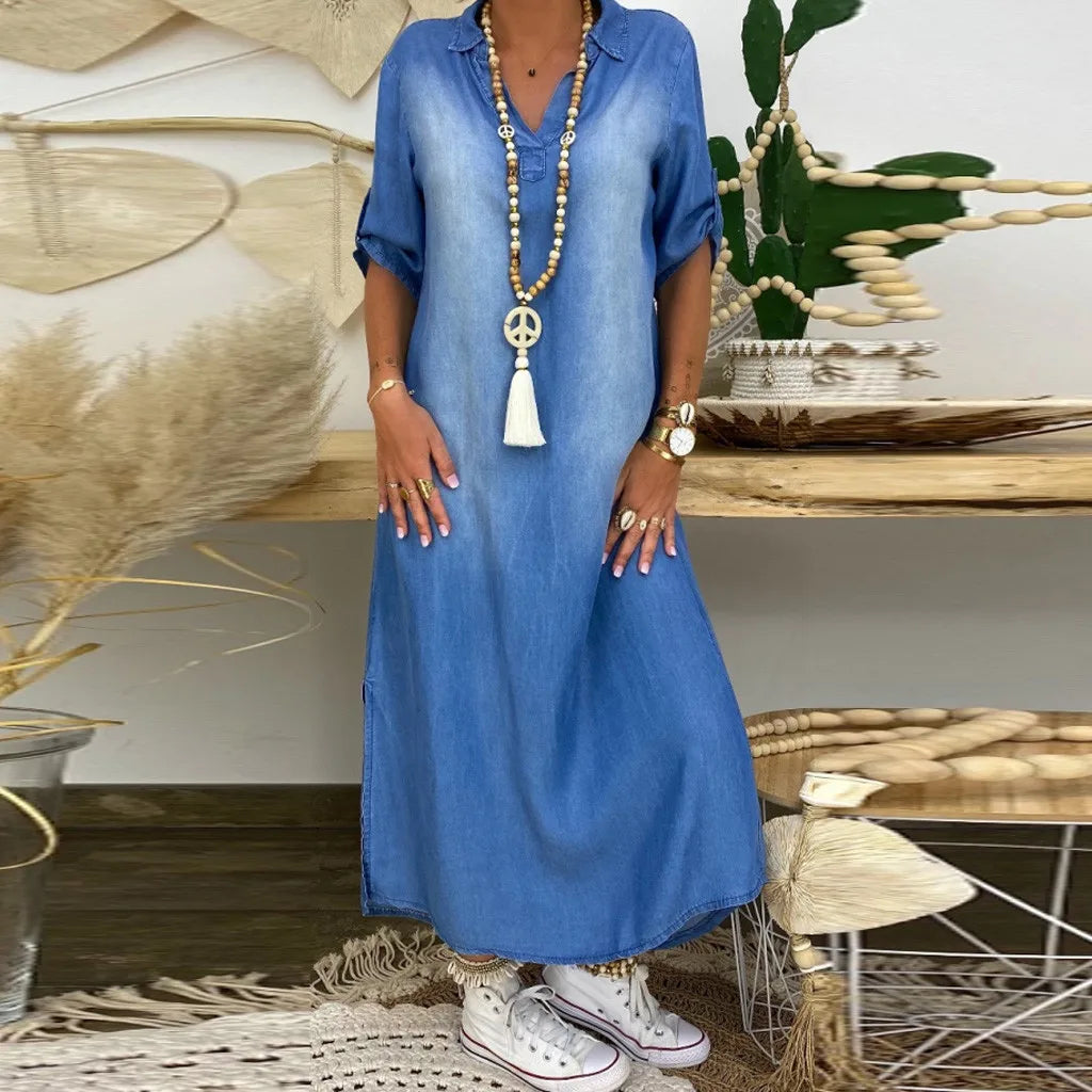 Viola | Long Denim Dress with Side Slit