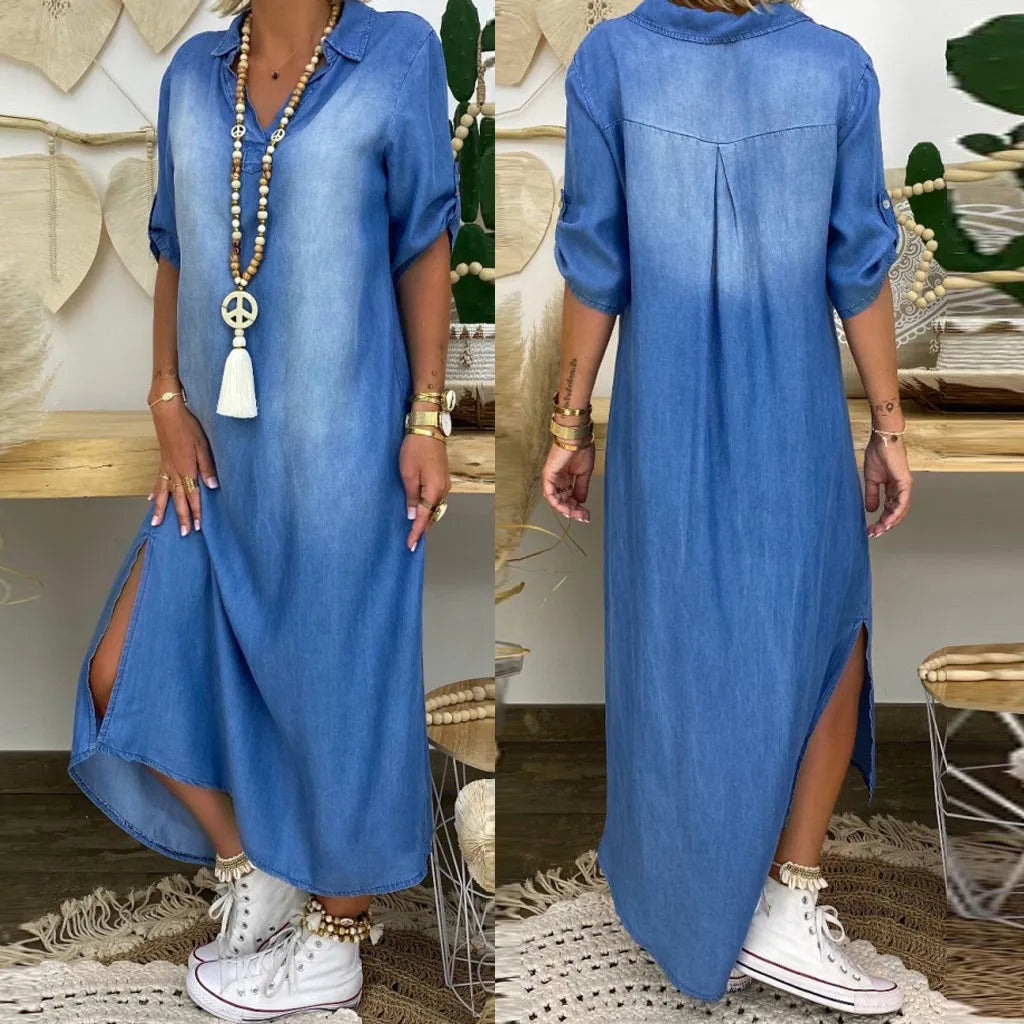Viola | Long Denim Dress with Side Slit
