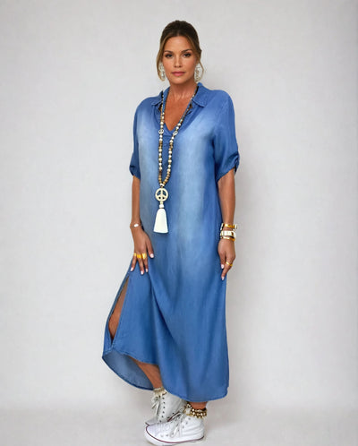 Viola | Long Denim Dress with Side Slit