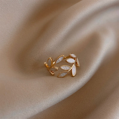 Gold Ring with Leaf and White Opal