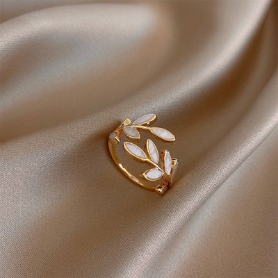 Gold Ring with Leaf and White Opal